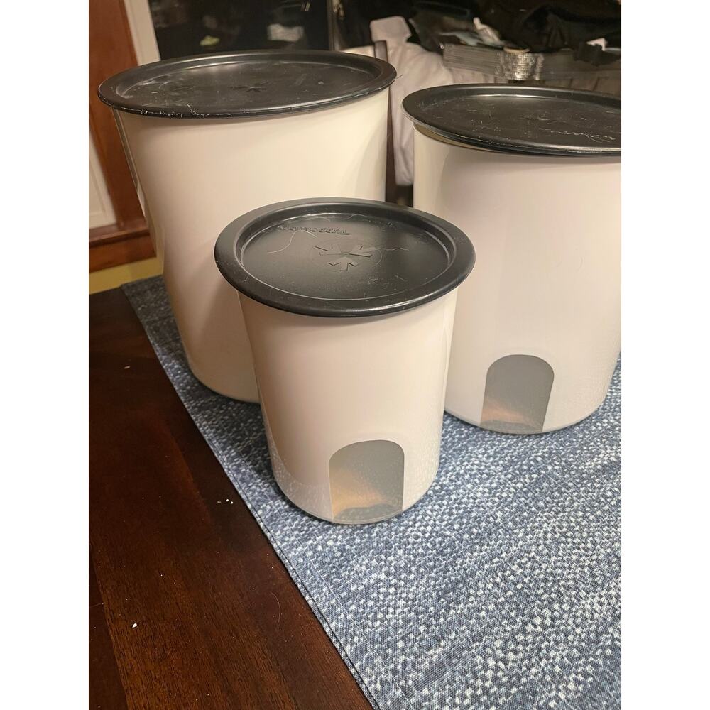 Tupperware One touch Nesting Canisters white black Lids.  3 canisters